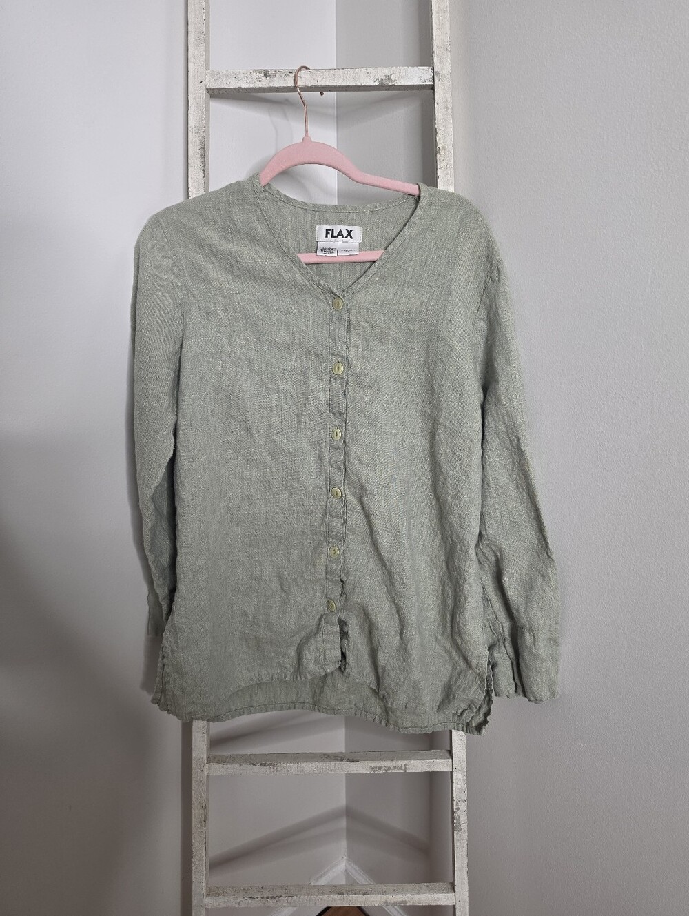 Flax Women's Small 100% Linen Green Long Sleeve Button Down Top